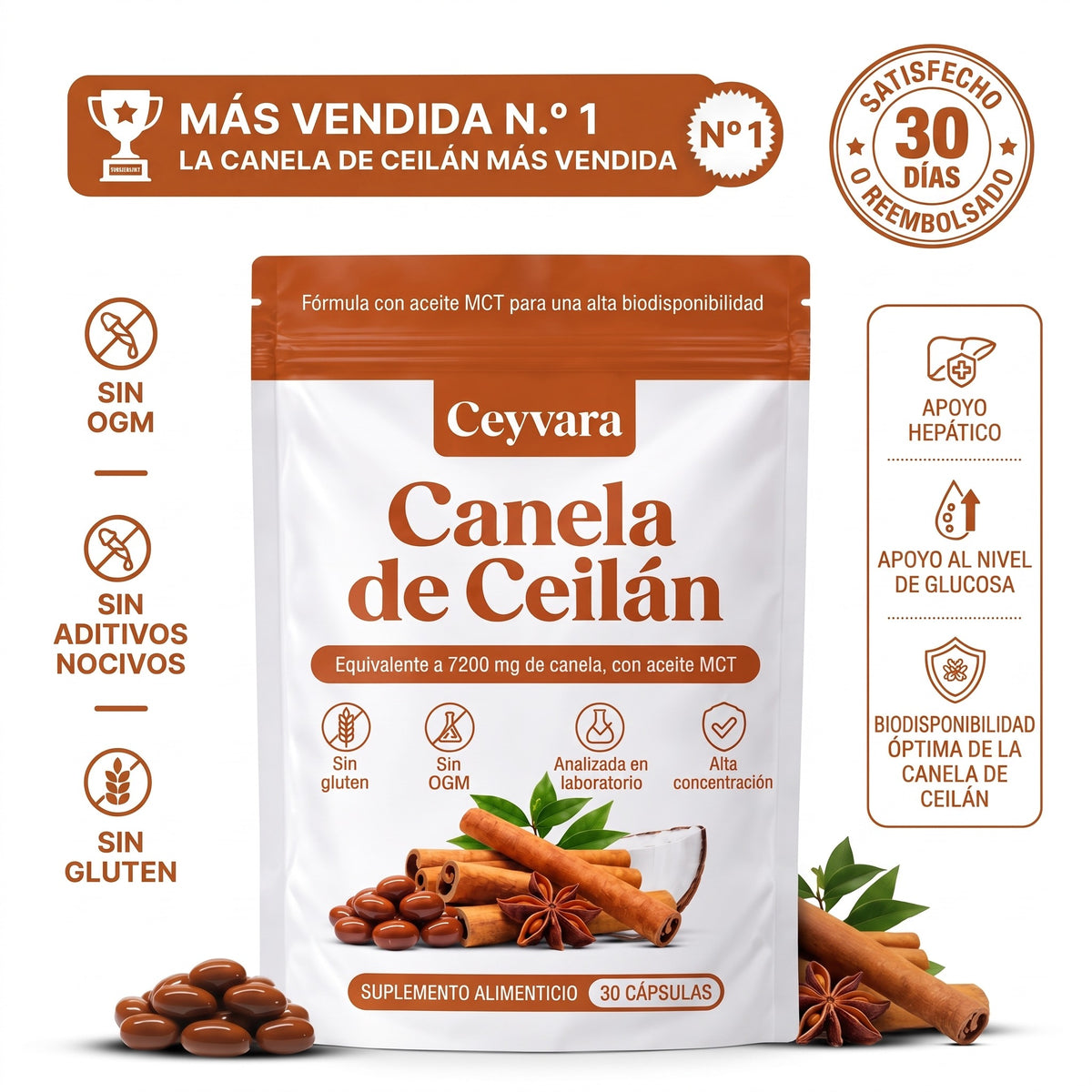 Canela de Ceilán 12:1 con aceite MCT — Equivalente a 7200 mg