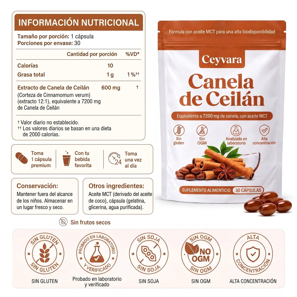 Canela de Ceilán 12:1 con aceite MCT — Equivalente a 7200 mg