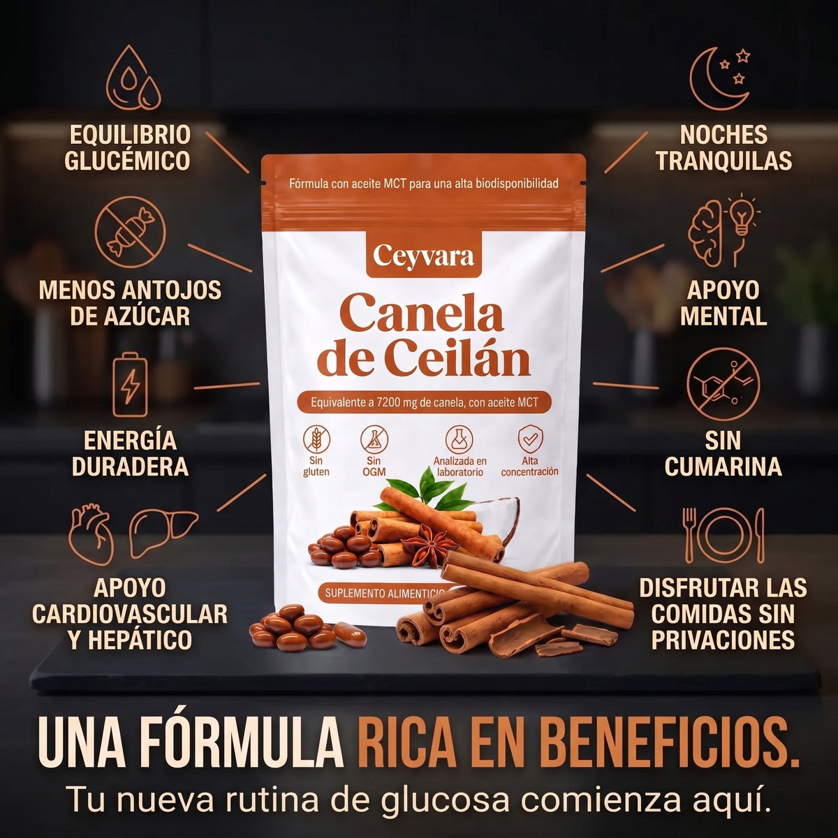 Canela de Ceilán 12:1 con aceite MCT — Equivalente a 7200 mg